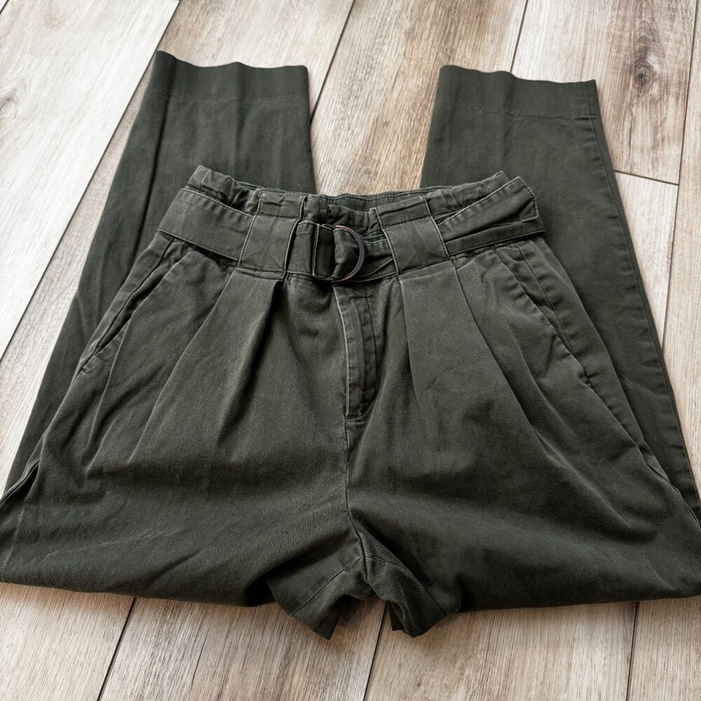 Banana Republic Olive Green Barrel Leg Crop Twill Belted Paper Bag High Waist 2 - Picture 5 of 16